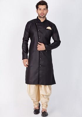 Black Solid Poly Blend Indowestern Sherwani Set For Men