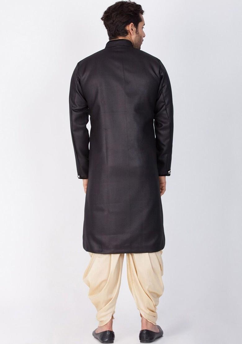 Black Solid Poly Blend Indowestern Sherwani Set For Men