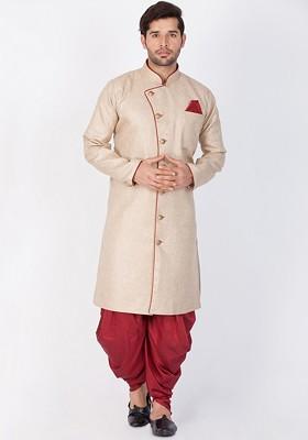 Beige Embroidered Poly Blend Indowestern Sherwani Set For Men
