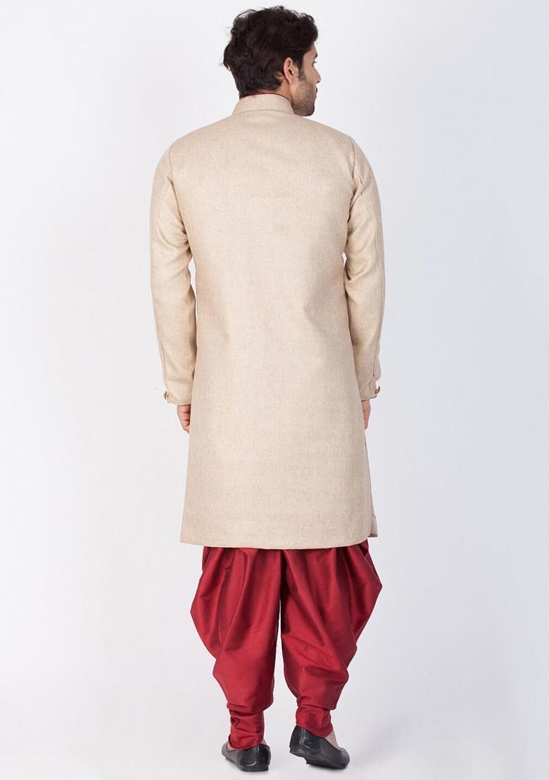 Beige Embroidered Poly Blend Indowestern Sherwani Set For Men