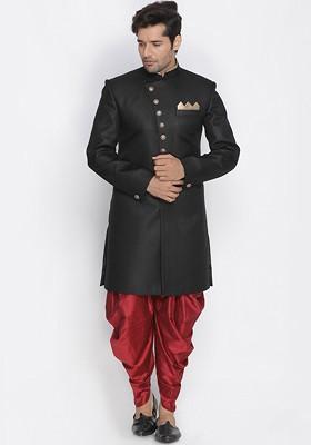 Black Solid Cotton Indowestern Sherwani Set For Men