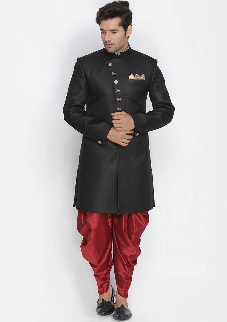 Black Solid Cotton Indowestern Sherwani Set For Men