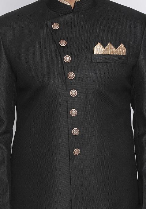 Black Solid Cotton Indowestern Sherwani Set For Men