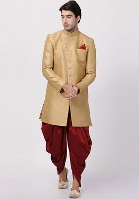 Beige Solid Poly Blend Indowestern Sherwani Set For Men
