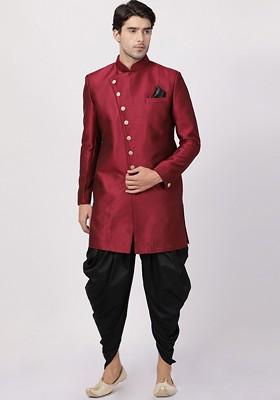 Maroon Woven Poly Blend Indowestern Sherwani Set For Men