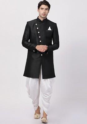 Black Solid Poly Blend Indowestern Sherwani Set For Men