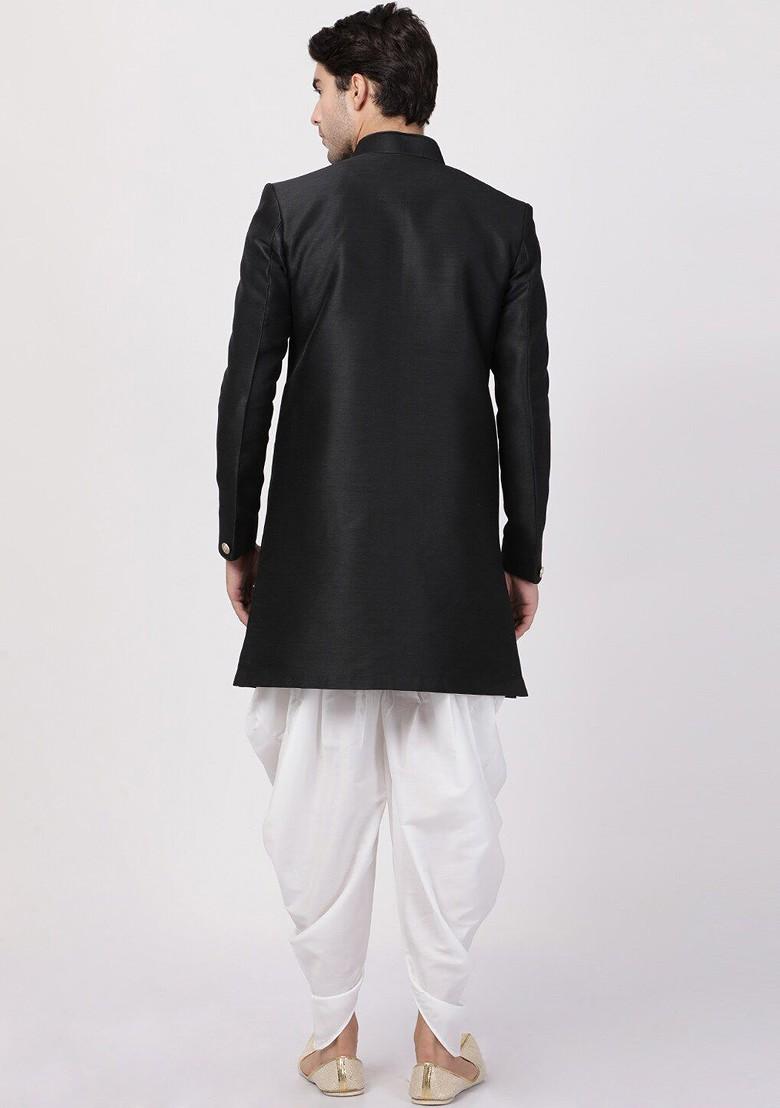 Black Solid Poly Blend Indowestern Sherwani Set For Men