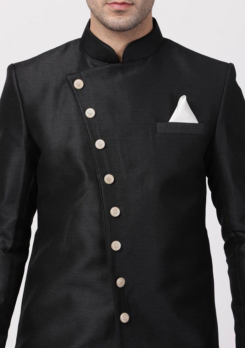 Black Solid Poly Blend Indowestern Sherwani Set For Men