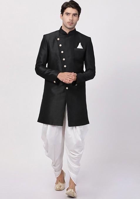 Black Solid Poly Blend Indowestern Sherwani Set For Men