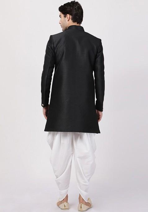 Black Solid Poly Blend Indowestern Sherwani Set For Men