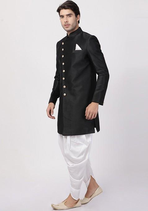 Black Solid Poly Blend Indowestern Sherwani Set For Men