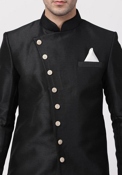 Black Solid Poly Blend Indowestern Sherwani Set For Men