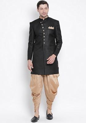 Black Solid Cotton Indowestern Sherwani Set For Men