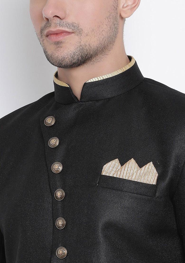 Black Solid Cotton Indowestern Sherwani Set For Men
