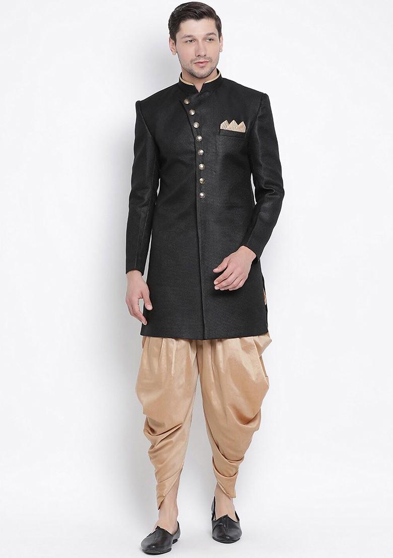 Black Solid Cotton Indowestern Sherwani Set For Men