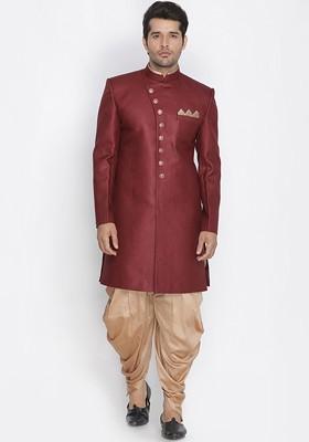 Maroon Solid Cotton Indowestern Sherwani Set For Men