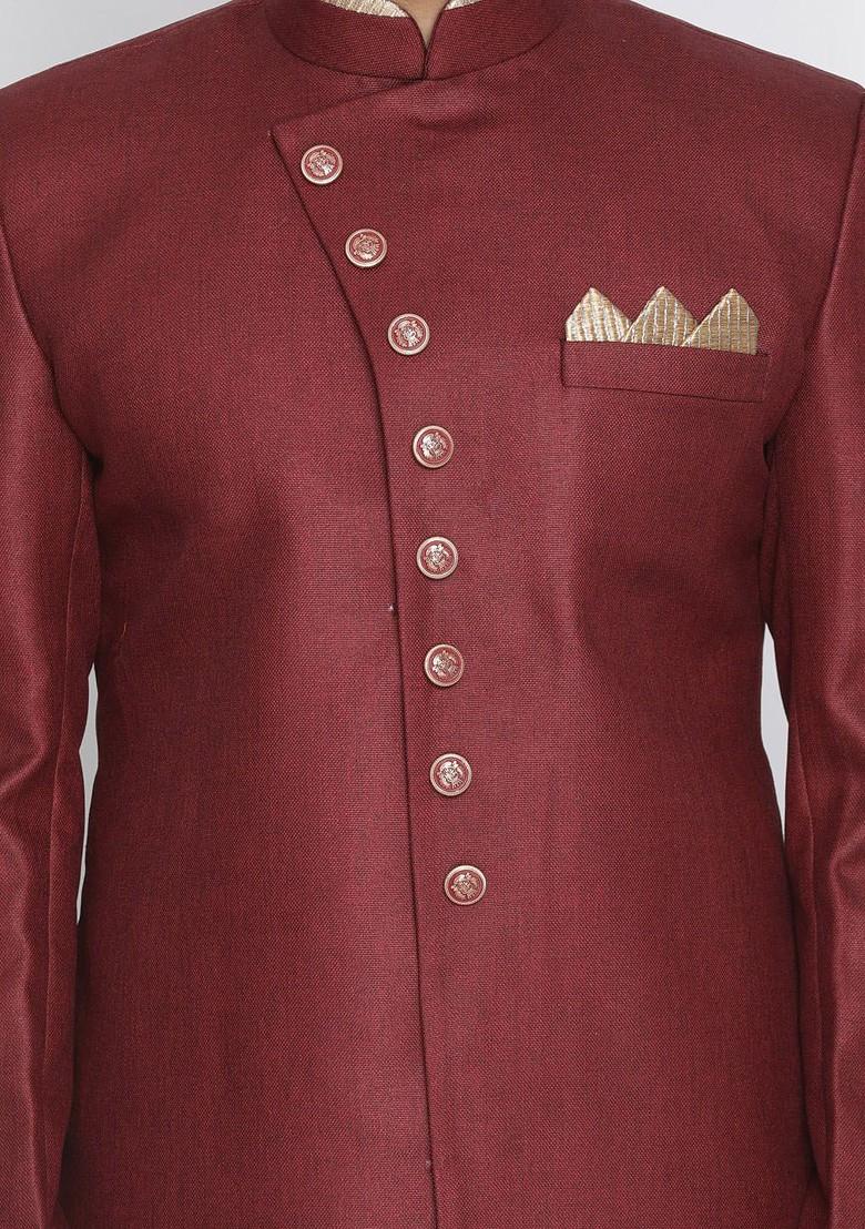 Maroon Solid Cotton Indowestern Sherwani Set For Men