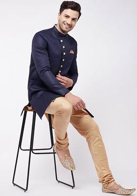 Navy Blue Embroidered Poly Blend Indowestern Sherwani Set For Men
