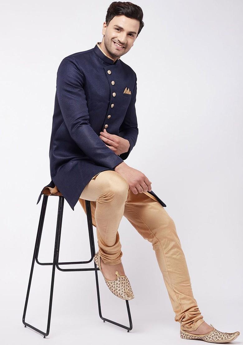 Navy Blue Embroidered Poly Blend Indowestern Sherwani Set For Men