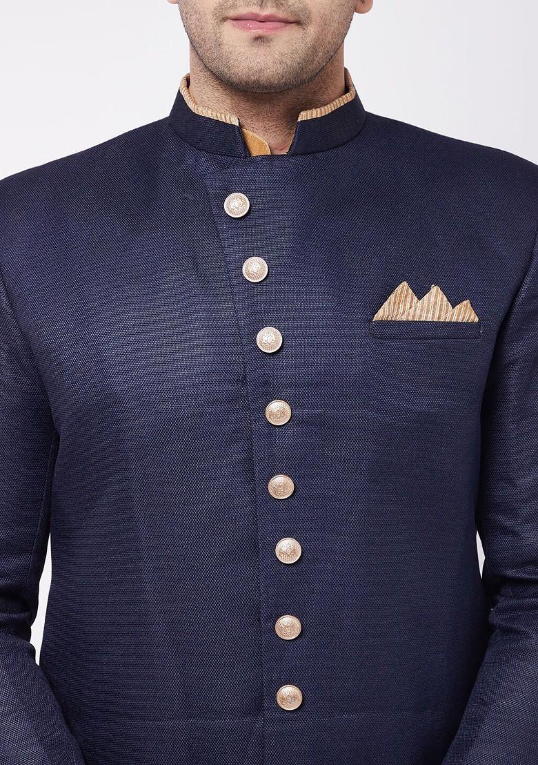 Navy Blue Embroidered Poly Blend Indowestern Sherwani Set For Men