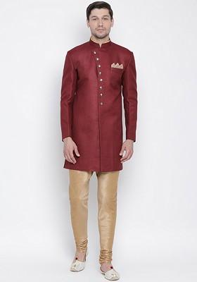 Maroon Embroidered Poly Blend Indowestern Sherwani Set For Men