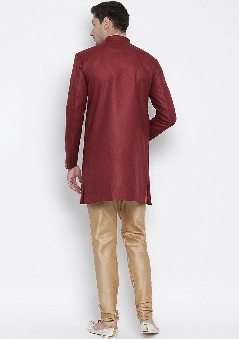 Maroon Embroidered Poly Blend Indowestern Sherwani Set For Men