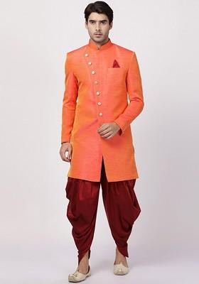 Orange Solid Poly Blend Indowestern Sherwani Set For Men