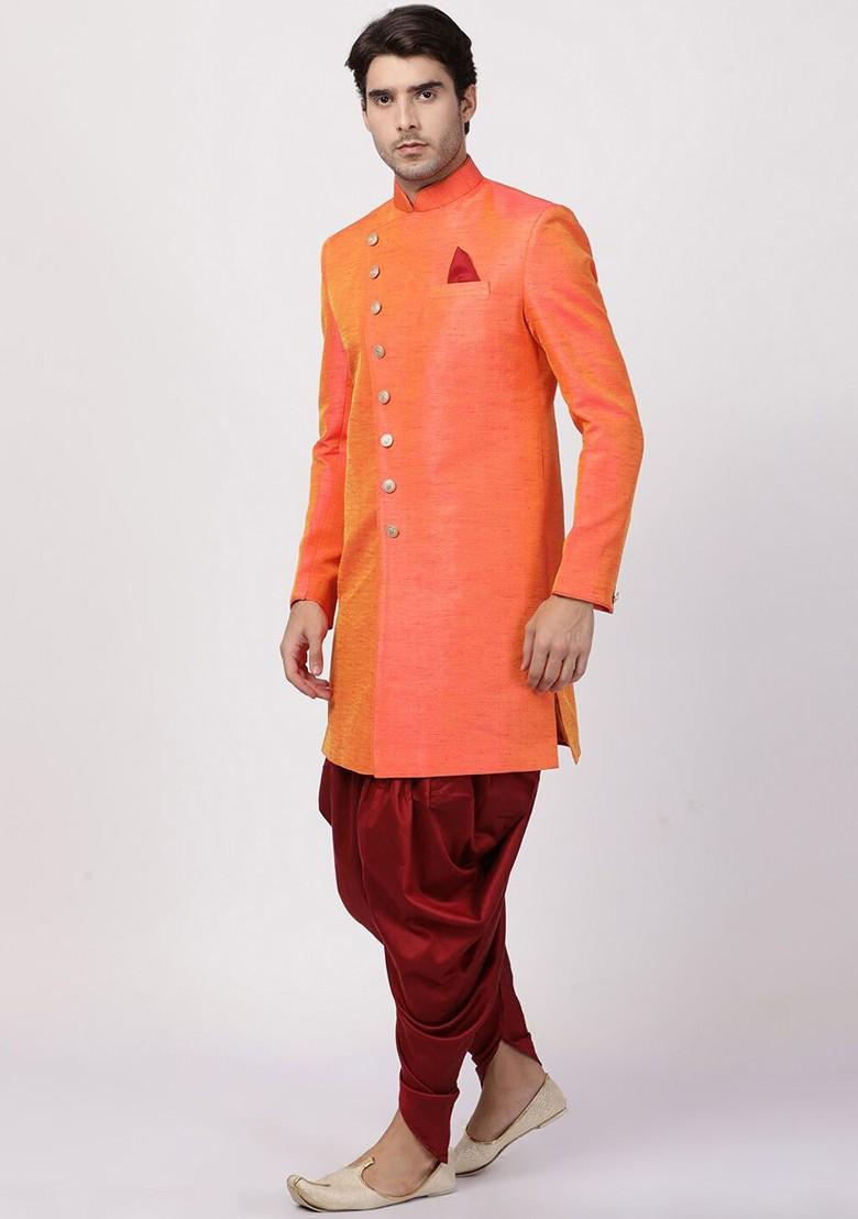 Orange Solid Poly Blend Indowestern Sherwani Set For Men