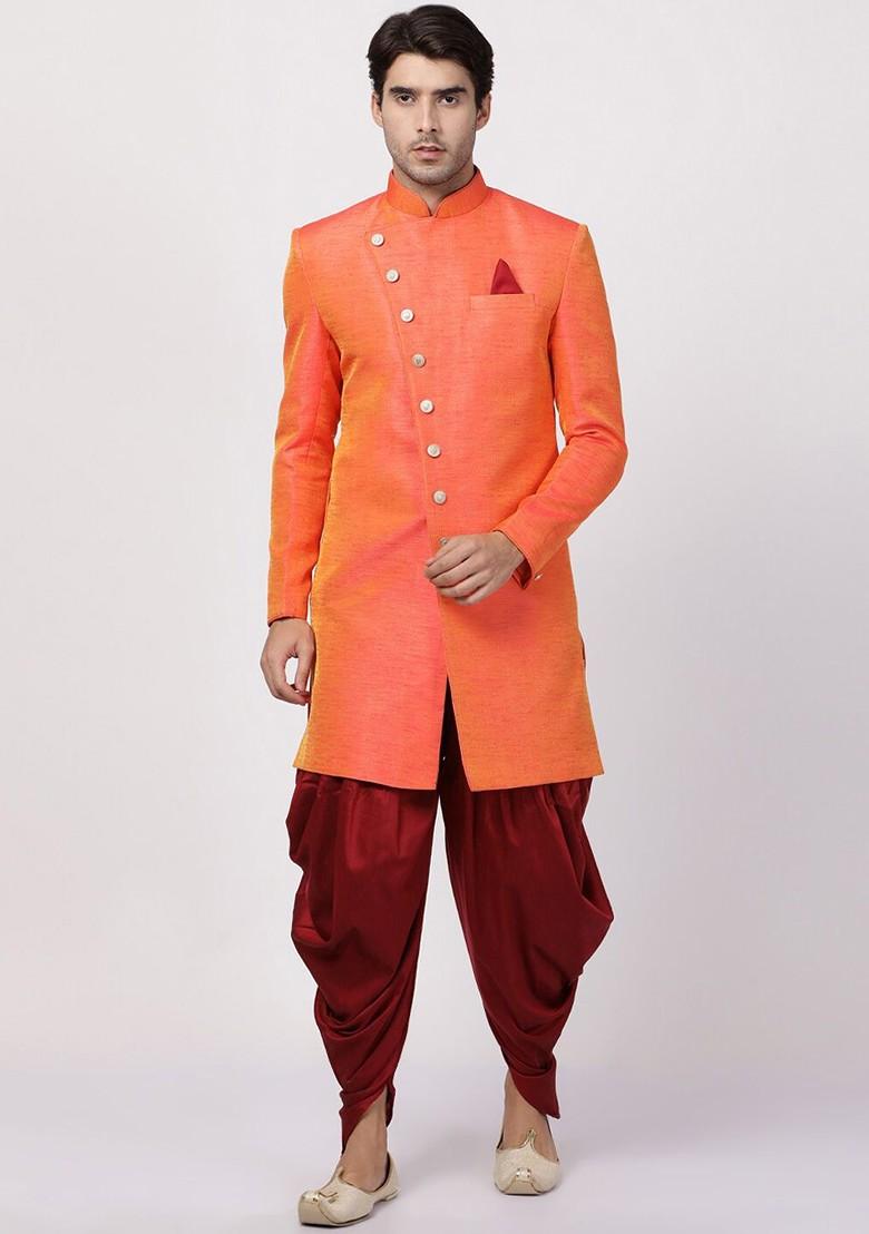 Orange Solid Poly Blend Indowestern Sherwani Set For Men