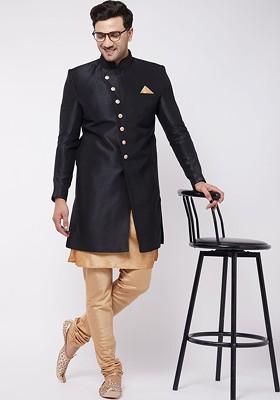 Black Solid Poly Blend Indowestern Sherwani Set For Men