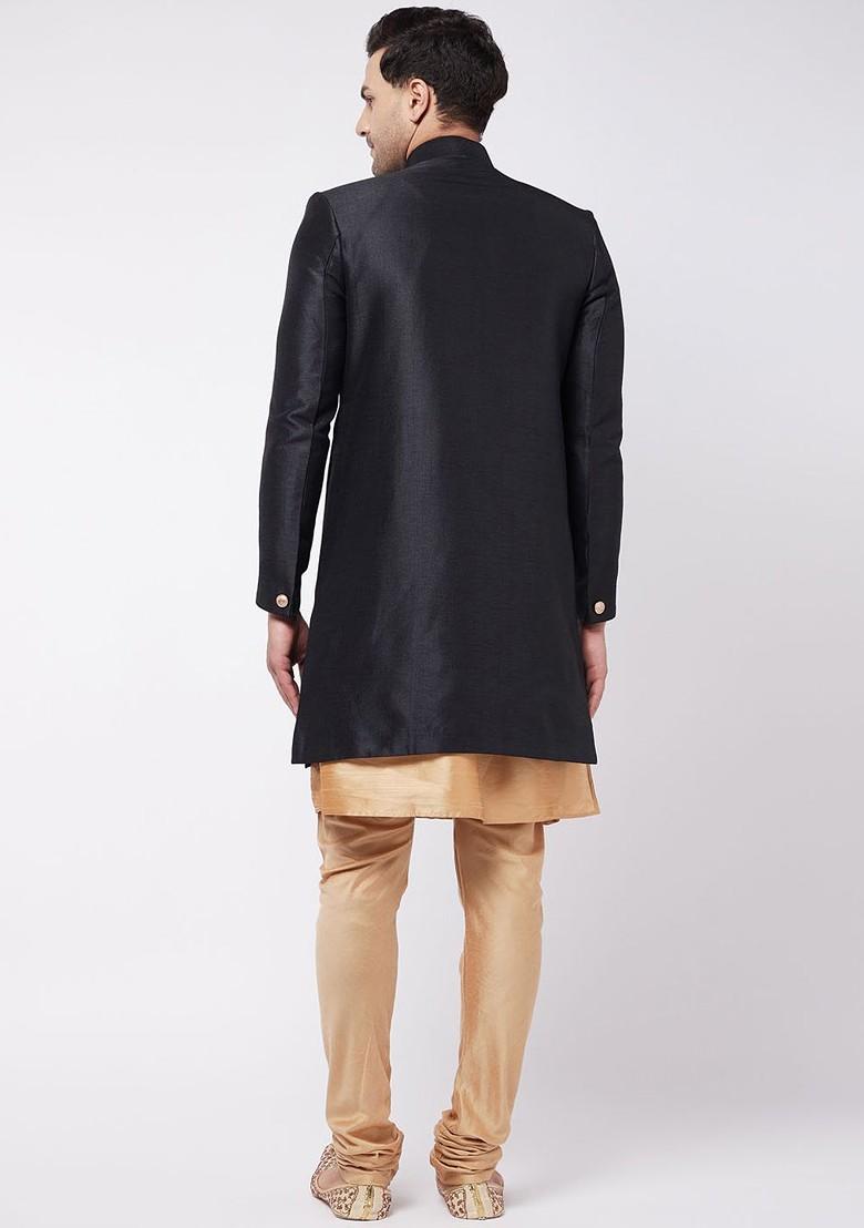 Black Solid Poly Blend Indowestern Sherwani Set For Men