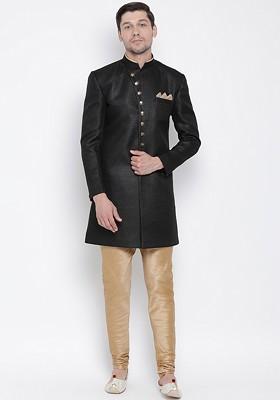 Black Solid Cotton Indowestern Sherwani Set For Men