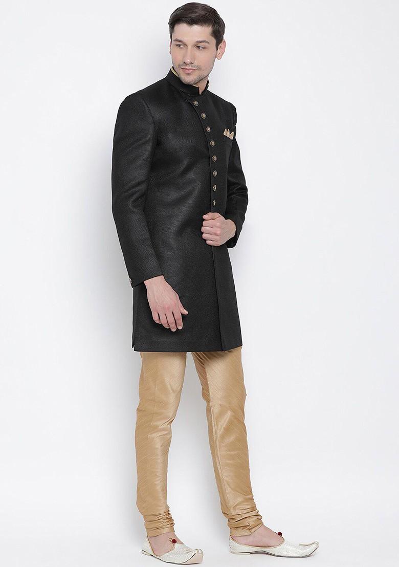 Black Solid Cotton Indowestern Sherwani Set For Men