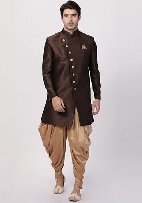 Coffee Brown Solid Poly Blend Indowestern Sherwani Set For Men