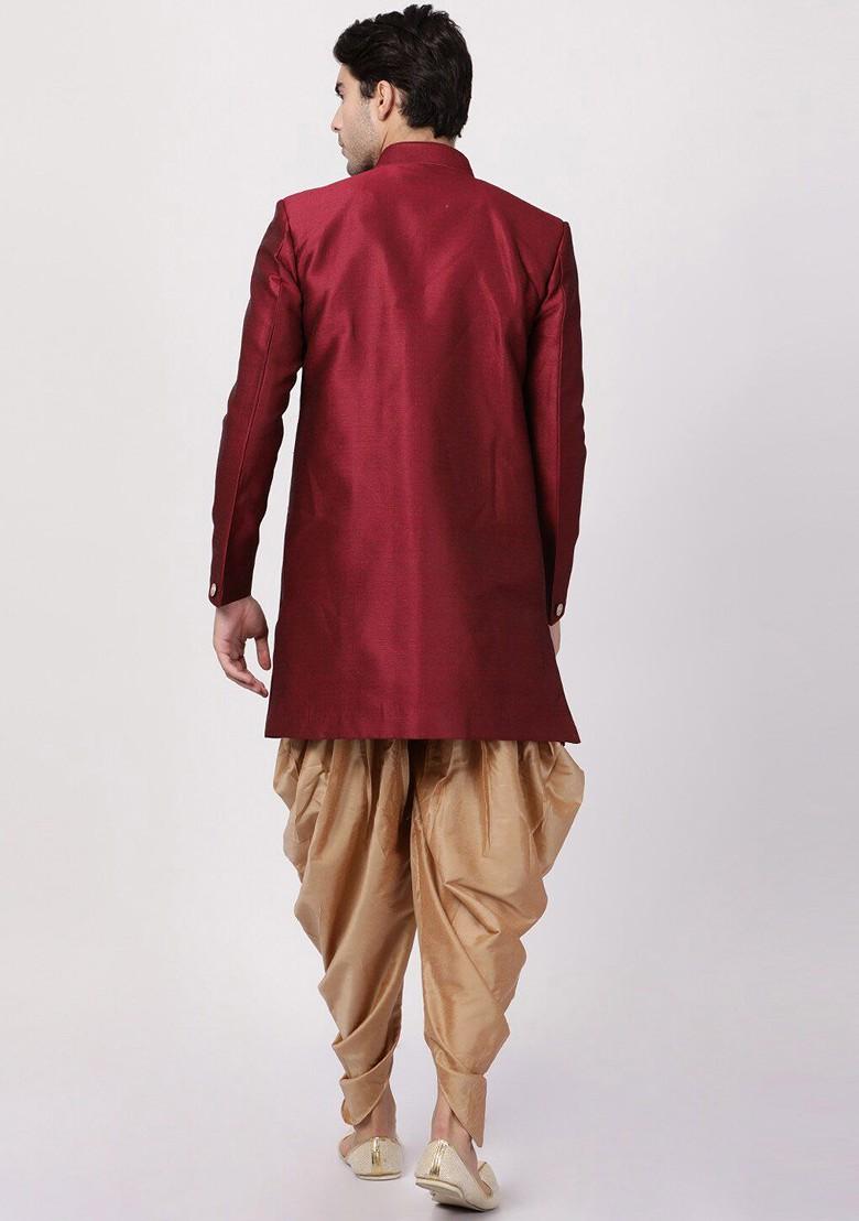 Maroon Solid Poly Blend Indowestern Sherwani Set For Men