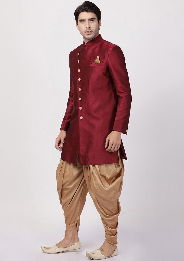 Maroon Solid Poly Blend Indowestern Sherwani Set For Men