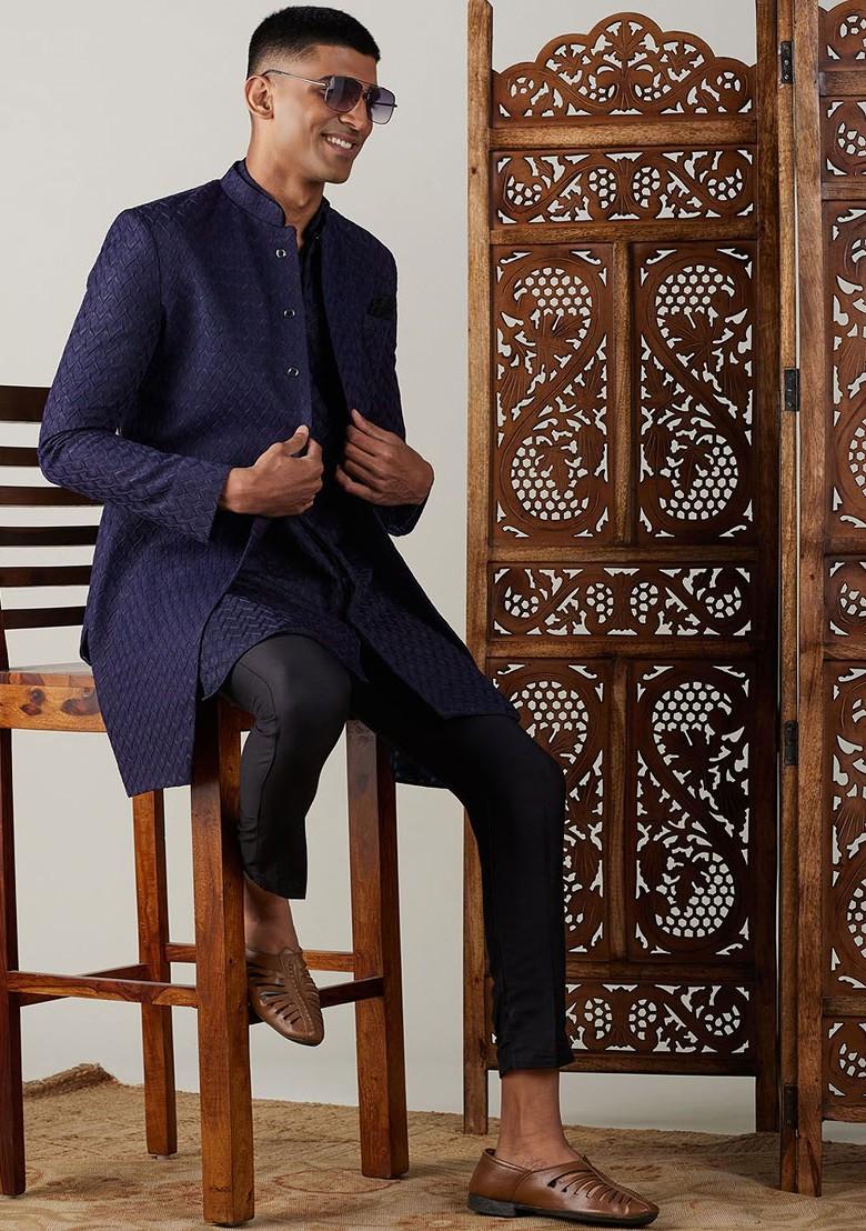 Navy Blue Solid Jacquard Indowestern Sherwani Set For Men