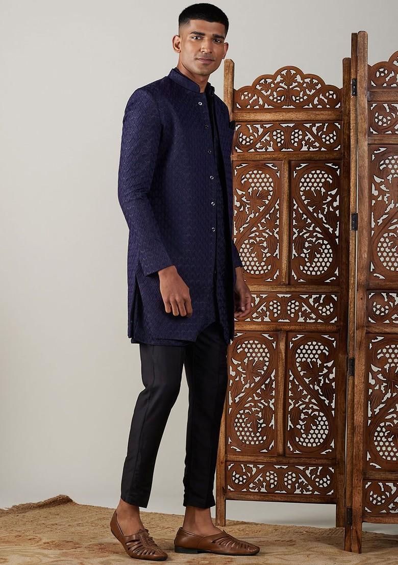 Navy Blue Solid Jacquard Indowestern Sherwani Set For Men