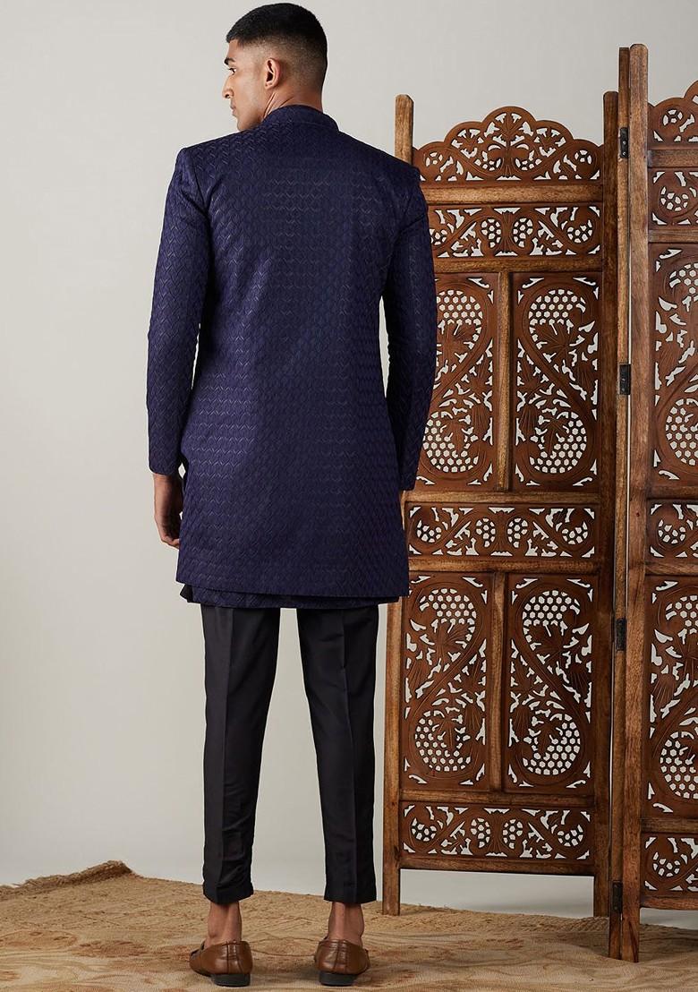 Navy Blue Solid Jacquard Indowestern Sherwani Set For Men