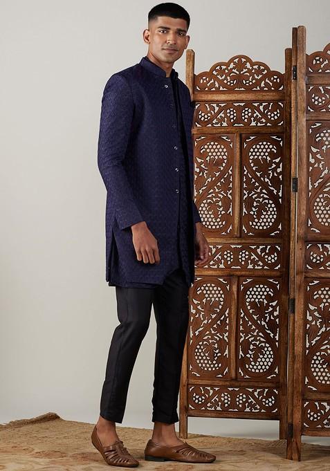 Navy Blue Solid Jacquard Indowestern Sherwani Set For Men