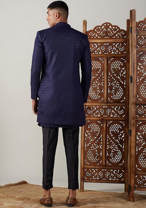 Navy Blue Solid Jacquard Indowestern Sherwani Set For Men