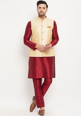 Maroon Solid Poly Blend Kurta Set For Men