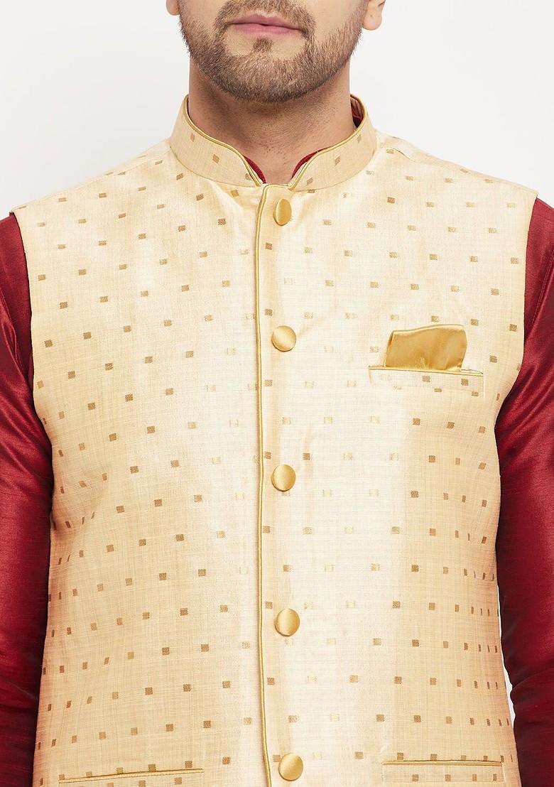 Maroon Solid Poly Blend Kurta Set For Men