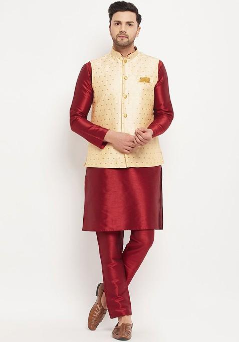 Maroon Solid Poly Blend Kurta Set For Men