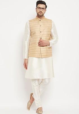 Off White Solid Poly Blend Kurta Set For Men