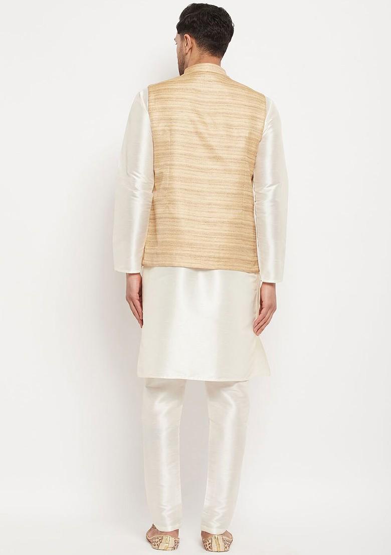 Off White Solid Poly Blend Kurta Set For Men