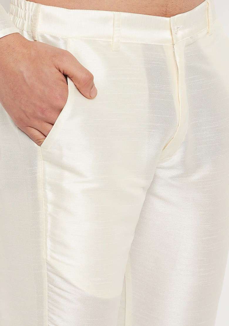 Off White Solid Poly Blend Kurta Set For Men - Indya