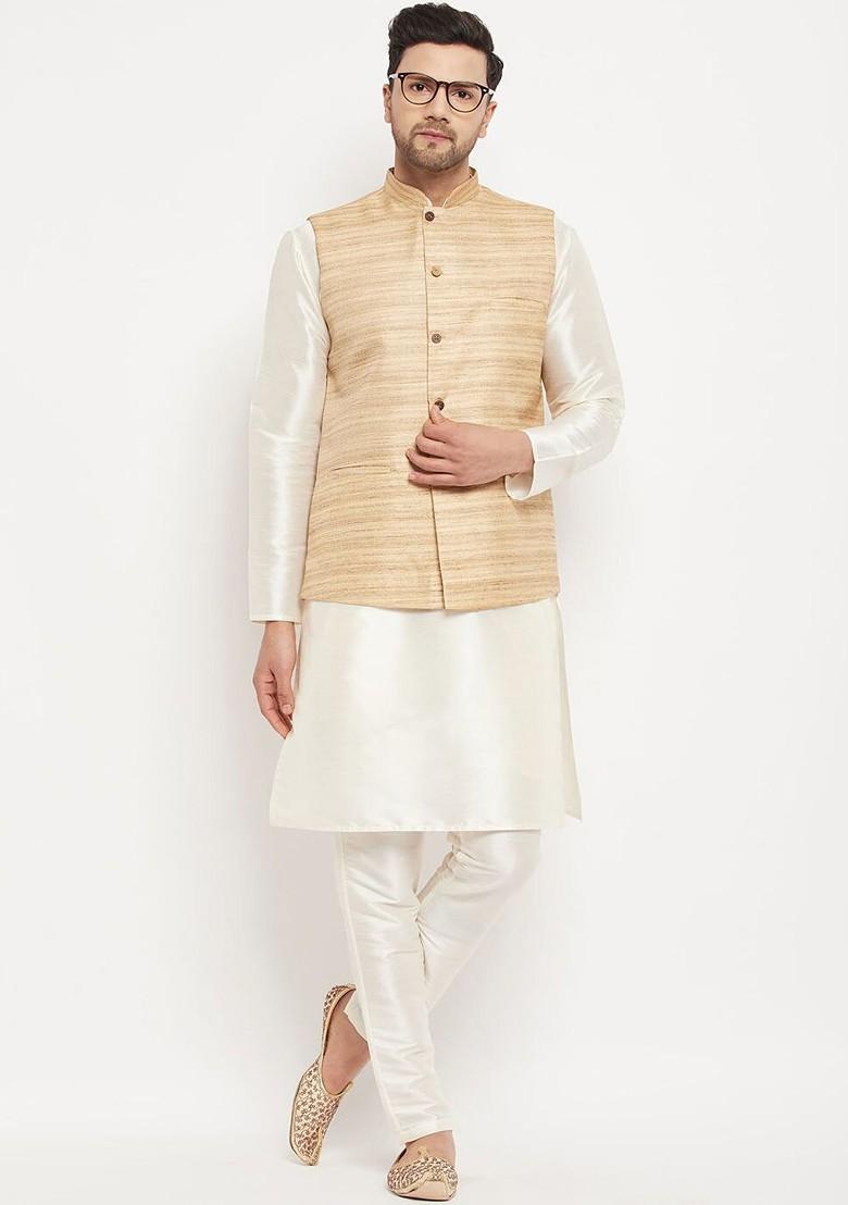 Off White Solid Poly Blend Kurta Set For Men