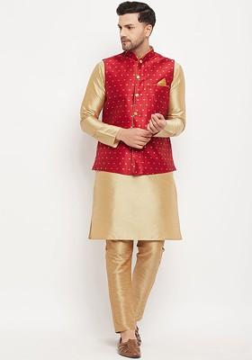 Gold Solid Poly Blend Kurta Set For Men