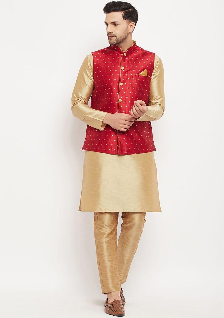 Gold Solid Poly Blend Kurta Set For Men